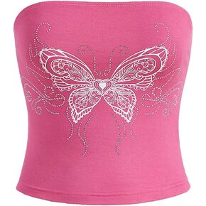 WDIRARA Women's Butterfly Print Rhinestone Sleeveless Strapless Crop Tube Top