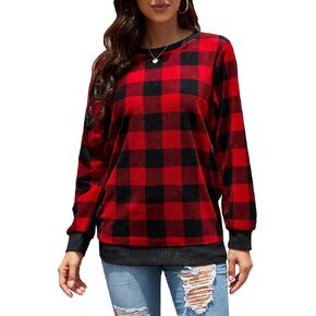 Plaid Sweaters for Womens Christmas Sweatshirt Casual Pullover Long Sleeve Fuzzy Chunky Warm Tunic Tops
