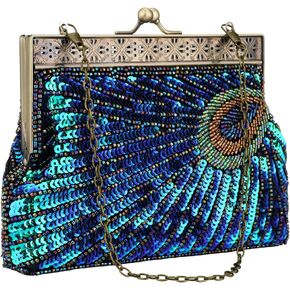 KALINNU Womens Sequin Beaded Evening Bag Vintage Peacock Clutch Bags Wedding Party Handbag Clutch Purse for Women