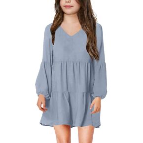 Imily Bela Girls Casual Tunic Dresses V Neck Long Short Sleeve School Party Swing Dress 5-14 Years