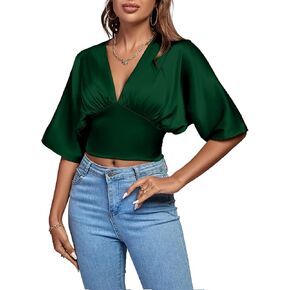 LYANER Women's Satin Deep V Neck Ruched Blouse Shirred Back Batwing Short Sleeve Crop Top