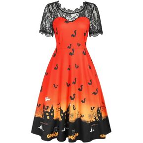 Jillumi Halloween Women's Lace Sleeve Pumpkin Swing Dress with Side Zipper in Kuwait