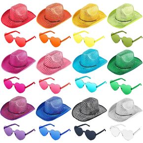 Bonuci 24 Pcs Sequin Space Cowgirl Hat and Heart Glasses Set, Colorful Glitter Cowboy Hat and Transparent Rimless Heart Shape Sunglasses for Women Girls Party Halloween Rodeo in Kuwait
