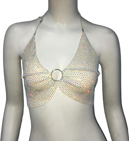 Women Shiny Rhinestones Backless Crop Tops Tank Top Sexy Halter See Through Camisole for Night Out Party Clubwear in Kuwait