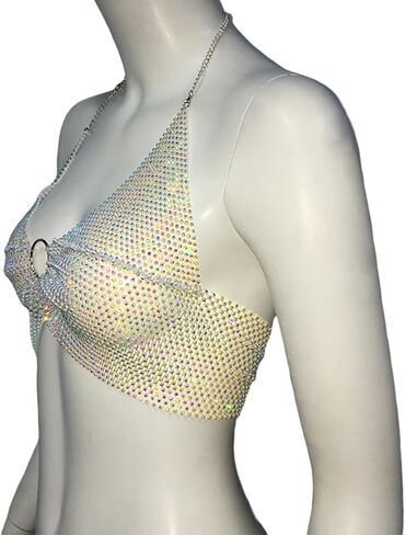 Women Shiny Rhinestones Backless Crop Tops Tank Top Sexy Halter See Through Camisole for Night Out Party Clubwear in Kuwait