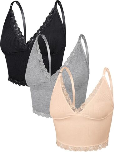 3 Pieces Women's Rib Knit Cami Tops Lace Trim Camisole Sleeveless Adjustable Strap Crop Top Solid Cami for Women in Kuwait