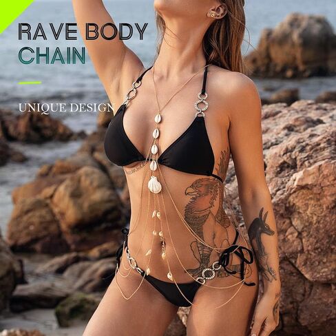 Nicute Gold Body Chain صدف شرابة الطبقات الخصر سلسلة الشاطئ بيكيني سلسلة أزياء الجسم مجوهرات للنساء والفتيات in Saudi Arabia