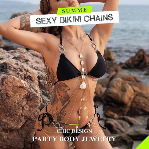 Nicute Gold Body Chain صدف شرابة الطبقات الخصر سلسلة الشاطئ بيكيني سلسلة أزياء الجسم مجوهرات للنساء والفتيات in Saudi Arabia