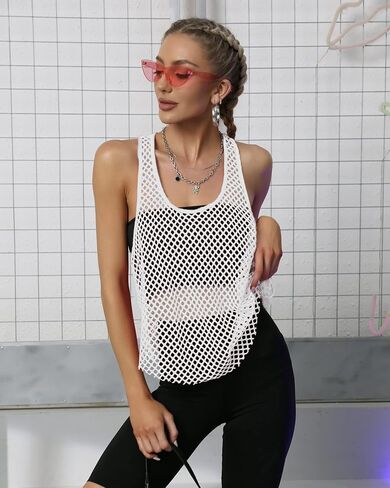 CLOZOZ Fishnet Tank Tops Women Mesh Top See Through Tops for Women Trendy Going Out Tops in Kuwait