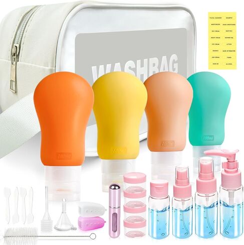 Fiwzzdur 24 مجموعة زجاجات بحجم السفر لمستلزمات الزينة، حاويات أدوات الزينة المعتمدة من إدارة أمن المواصلات الأمريكية للسفر، مجموعة برطمانات سفر من السيليكون المحمولة مانعة للتسرب وقابلة للعصر للعطور والشامبو والبلسم in Kuwait