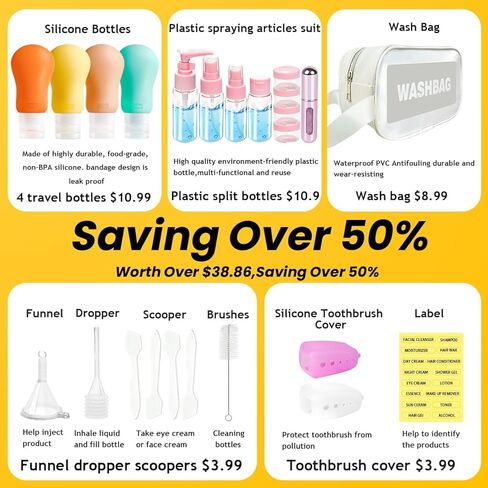 Fiwzzdur 24 مجموعة زجاجات بحجم السفر لمستلزمات الزينة، حاويات أدوات الزينة المعتمدة من إدارة أمن المواصلات الأمريكية للسفر، مجموعة برطمانات سفر من السيليكون المحمولة مانعة للتسرب وقابلة للعصر للعطور والشامبو والبلسم in Kuwait