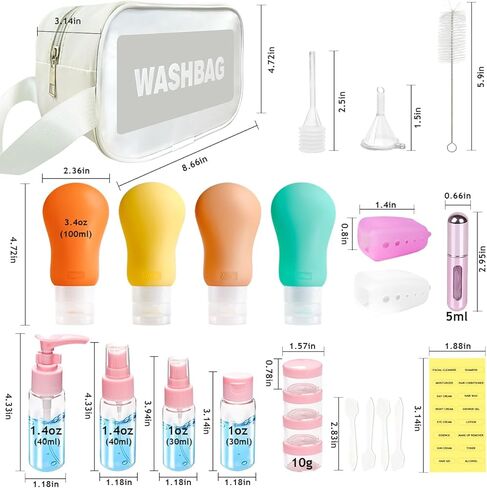 Fiwzzdur 24 مجموعة زجاجات بحجم السفر لمستلزمات الزينة، حاويات أدوات الزينة المعتمدة من إدارة أمن المواصلات الأمريكية للسفر، مجموعة برطمانات سفر من السيليكون المحمولة مانعة للتسرب وقابلة للعصر للعطور والشامبو والبلسم in Kuwait