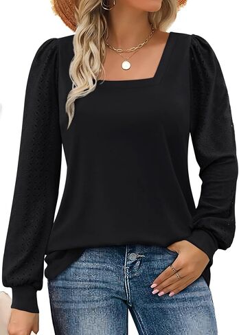 Rapbin Womens Square Neck Puff Sleeve Tops Dressy Casual Eyelet Long Sleeve Shirts Loose Trendy Blouses S-XXL in Kuwait