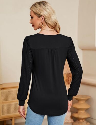 Rapbin Womens Square Neck Puff Sleeve Tops Dressy Casual Eyelet Long Sleeve Shirts Loose Trendy Blouses S-XXL in Kuwait