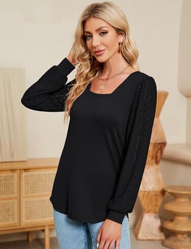 Rapbin Womens Square Neck Puff Sleeve Tops Dressy Casual Eyelet Long Sleeve Shirts Loose Trendy Blouses S-XXL in Kuwait