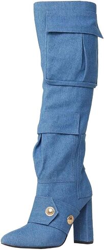 Women's Camo Knee High Boots Pointed Toe Block Heel Camouflage Boot with Metal Buttons Multiple Pockets Boot in Saudi Arabia