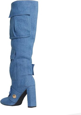 Women's Camo Knee High Boots Pointed Toe Block Heel Camouflage Boot with Metal Buttons Multiple Pockets Boot in Saudi Arabia