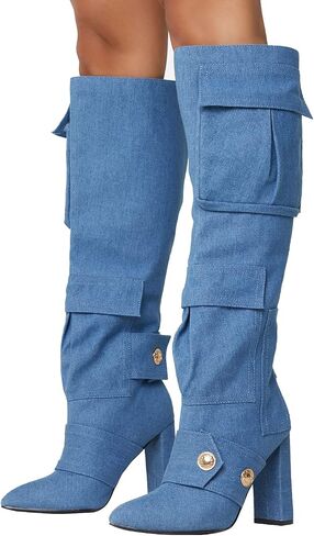 Women's Camo Knee High Boots Pointed Toe Block Heel Camouflage Boot with Metal Buttons Multiple Pockets Boot in Saudi Arabia