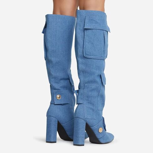 Women's Camo Knee High Boots Pointed Toe Block Heel Camouflage Boot with Metal Buttons Multiple Pockets Boot in Saudi Arabia