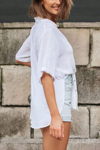 Womens Button Down Linen Shirts V Neck Roll Up Cuffed Sleeve Blouses Loose Collared Shirt Casual Formal Work Office Tops in Saudi Arabia