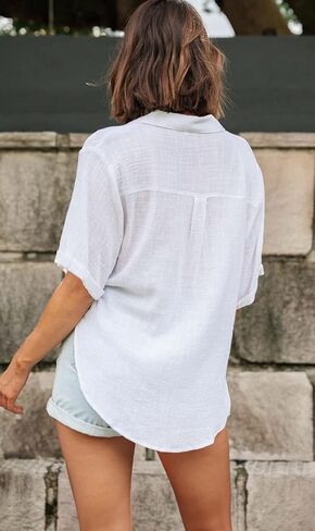 Womens Button Down Linen Shirts V Neck Roll Up Cuffed Sleeve Blouses Loose Collared Shirt Casual Formal Work Office Tops in Saudi Arabia