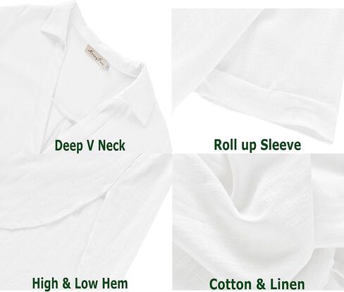 Womens Button Down Linen Shirts V Neck Roll Up Cuffed Sleeve Blouses Loose Collared Shirt Casual Formal Work Office Tops in Saudi Arabia