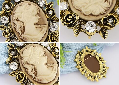 Alilang Vintage Inspired Crystal Rhinestone Victorian Lady Cameo Brooch Pin Maiden Flower Ribbon Bow Pendant in Kuwait