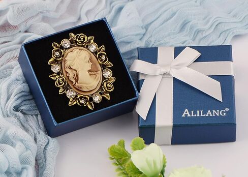 Alilang Vintage Inspired Crystal Rhinestone Victorian Lady Cameo Brooch Pin Maiden Flower Ribbon Bow Pendant in Kuwait