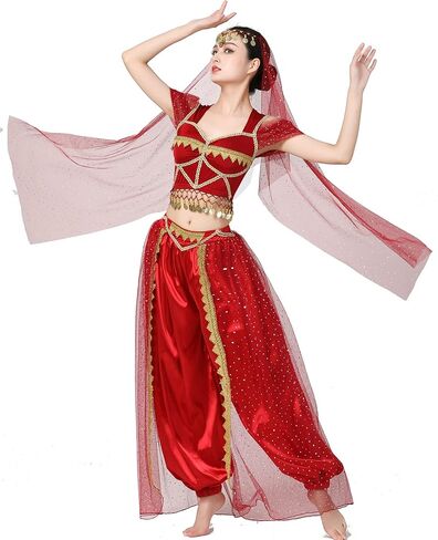 ZLTdream Women Cosplay Costume Indian Belly Dance Costume Bra Top with Chest & Pants & Head Veil Halloween in Saudi Arabia