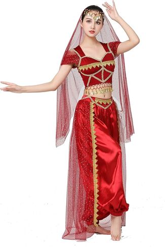 ZLTdream Women Cosplay Costume Indian Belly Dance Costume Bra Top with Chest & Pants & Head Veil Halloween in Saudi Arabia
