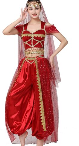 ZLTdream Women Cosplay Costume Indian Belly Dance Costume Bra Top with Chest & Pants & Head Veil Halloween in Saudi Arabia