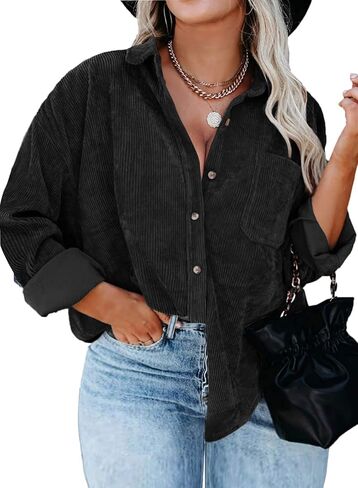 IN'VOLAND Womens Plus Size Corduroy Shirt Long Sleeve Button Down Shirts Fall Blouses Tops Casual Jacket Shacket in Kuwait