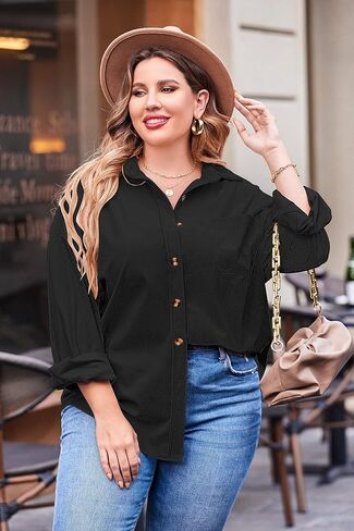 IN'VOLAND Womens Plus Size Corduroy Shirt Long Sleeve Button Down Shirts Fall Blouses Tops Casual Jacket Shacket in Kuwait