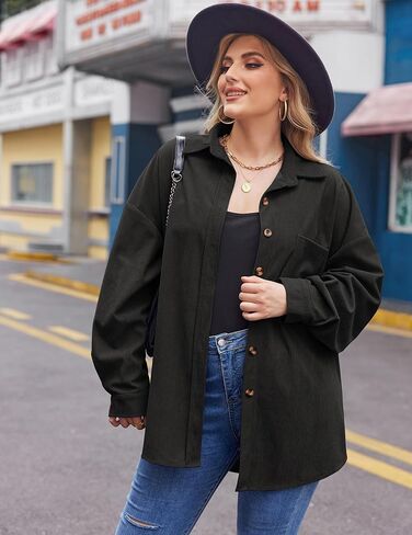 IN'VOLAND Womens Plus Size Corduroy Shirt Long Sleeve Button Down Shirts Fall Blouses Tops Casual Jacket Shacket in Kuwait