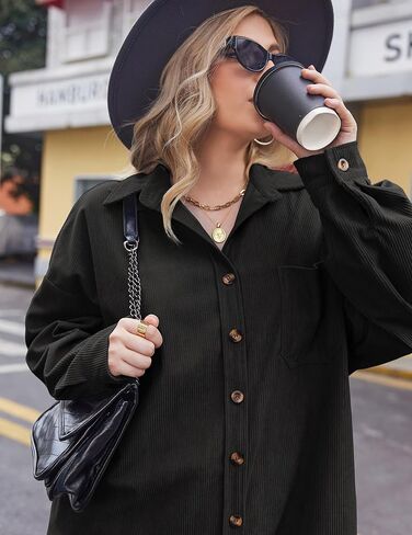 IN'VOLAND Womens Plus Size Corduroy Shirt Long Sleeve Button Down Shirts Fall Blouses Tops Casual Jacket Shacket in Kuwait