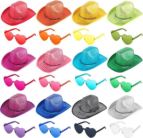 Bonuci 24 Pcs Sequin Space Cowgirl Hat and Heart Glasses Set, Colorful Glitter Cowboy Hat and Transparent Rimless Heart Shape Sunglasses for Women Girls Party Halloween Rodeo in Kuwait