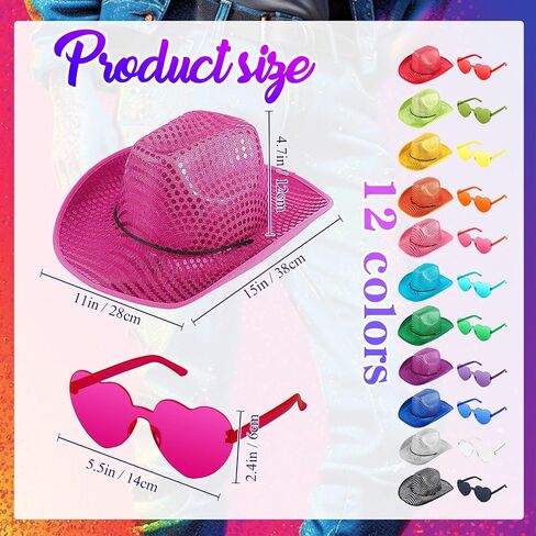Bonuci 24 Pcs Sequin Space Cowgirl Hat and Heart Glasses Set, Colorful Glitter Cowboy Hat and Transparent Rimless Heart Shape Sunglasses for Women Girls Party Halloween Rodeo in Kuwait