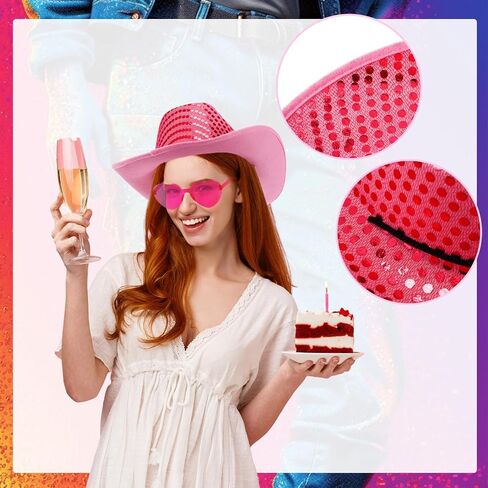 Bonuci 24 Pcs Sequin Space Cowgirl Hat and Heart Glasses Set, Colorful Glitter Cowboy Hat and Transparent Rimless Heart Shape Sunglasses for Women Girls Party Halloween Rodeo in Kuwait