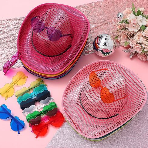 Bonuci 24 Pcs Sequin Space Cowgirl Hat and Heart Glasses Set, Colorful Glitter Cowboy Hat and Transparent Rimless Heart Shape Sunglasses for Women Girls Party Halloween Rodeo in Kuwait