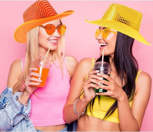 Bonuci 24 Pcs Sequin Space Cowgirl Hat and Heart Glasses Set, Colorful Glitter Cowboy Hat and Transparent Rimless Heart Shape Sunglasses for Women Girls Party Halloween Rodeo in Kuwait