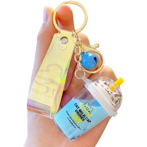 HSYHERE Girls Women Romantic Help Relax Fortune Cat Lucky Kitty Milk Tea Bubble Tea Cup Keychain Keyring Key Chain Key Ring