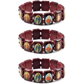 Elastic Strechable Wooden Small Panel Bracelet with Images of Religious Saints, Jesus and Rosary