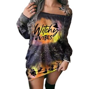 SECETKET Women Halloween Off Shoulder Dress Witch Graphic Print Long Sleeve Halloween Top Dress
