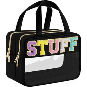Chenille Letter Clear Makeup Bag, Preppy Cosmetic Bag Clear Snack Bags with Zipper, Stuff Bag Waterproof Sunscreen Bag Travel Toiletry Bag Cosmetic Pouch for Women and Girls (Plus Size, Black)