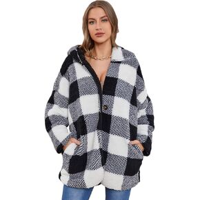 LY VAREY LIN Women Fleece Plaid Hooded Jacket Coat Long Sleeve Sherpa Cardigan Jackets with Pockets in Kuwait