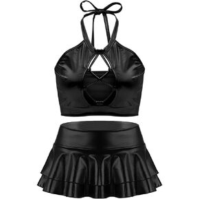 SFBBCLOZ Women's Rave Outfit Sets For Women Festivals 2 Pcs Metallic Tops Skirt EDM Party Club Holographic Rave Outfits