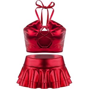 SFBBCLOZ Women's Rave Outfit Sets For Women Festivals 2 Pcs Metallic Tops Skirt EDM Party Club Holographic Rave Outfits in Kuwait