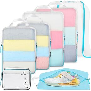 PFEYRPK Compression Packing Cubes for Suitcase,Expandable Packing Cubes Compression for Travel, 7 Set with Clear Toiletries Shoe Bag and Backpack Bag Travel Organizer Cubes for Travel Essentials.