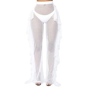 Springcmy Women Ruffle Sheer Mesh Pants See Through Bikini Bottom Swimsuit Cover up Wide Leg Beach Pants