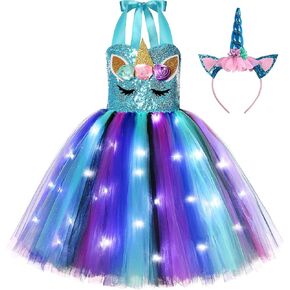 فستان KAKALVER يونيكورن للفتيات زي وحيد القرن بإضاءة LED لتزيين حفلات الهالوين وهدايا وحيد القرن in Kuwait